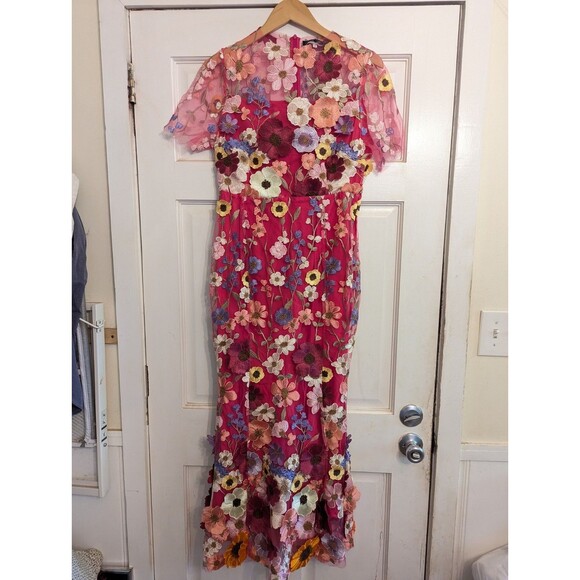 DALIA MACPHEE Lace Embroidered 3D Pink Floral Appliqué Maxi Dress Gown D2020 Med - Picture 8 of 15